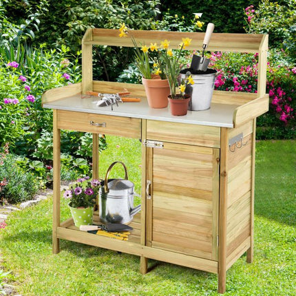 Gartentisch zum Umtopfen, verzinkte Platte, Schubladenschrank