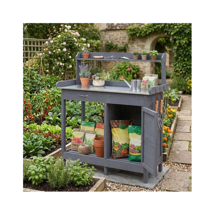 Garden Potting Bench with Stainless Steel Top, Lockable Cabinet, Grey