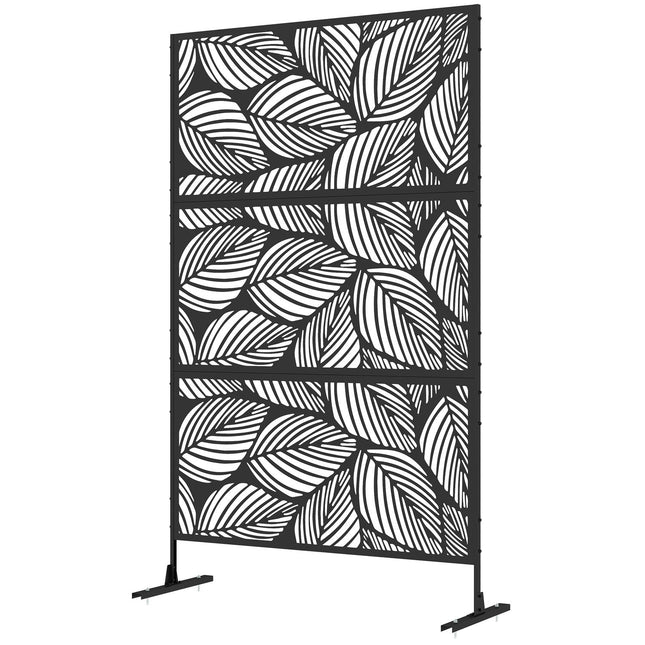 Brise-Vue de Jardin 122x198cm Brise-Vue pour Balcon Séparateur en Acier à Motif de Feuilles et Support Séparateur de Pièce Noir