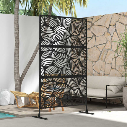 Brise-Vue de Jardin 122x198cm Brise-Vue pour Balcon Séparateur en Acier à Motif de Feuilles et Support Séparateur de Pièce Noir