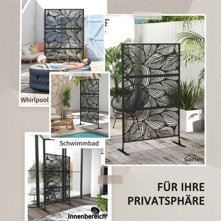 Brise-Vue de Jardin 122x198cm Brise-Vue pour Balcon Séparateur en Acier à Motif de Feuilles et Support Séparateur de Pièce Noir