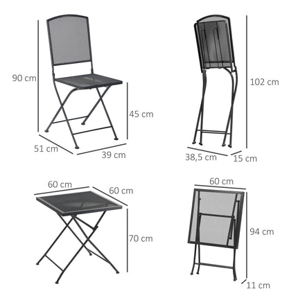 Groupe De Sièges De Jardin 3 Personnes Ensemble Bistro 1 Table 2 Chaises Pliables Patio Balcon Métal Gris