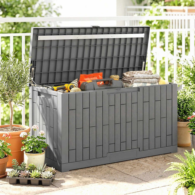 Coffre de jardin, 379 L, étanche, verrouillable, gris