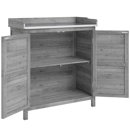 Gartenschrank mit Metallarbeitsplatte, Grau Holz