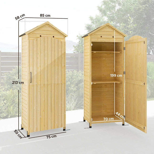 Gartenschuppen, hoher Holzschrank mit verstellbaren Einlegeböden