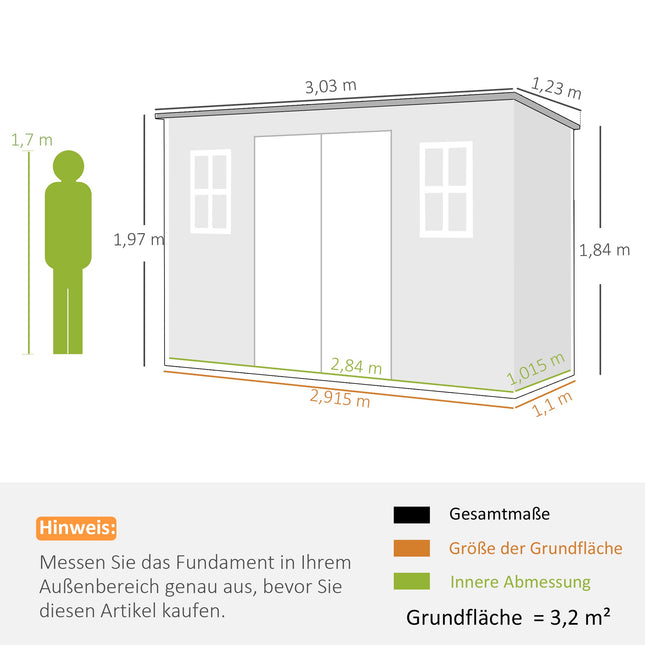 Abri de jardin avec fenêtres et portes verrouillables, 3,2 m²