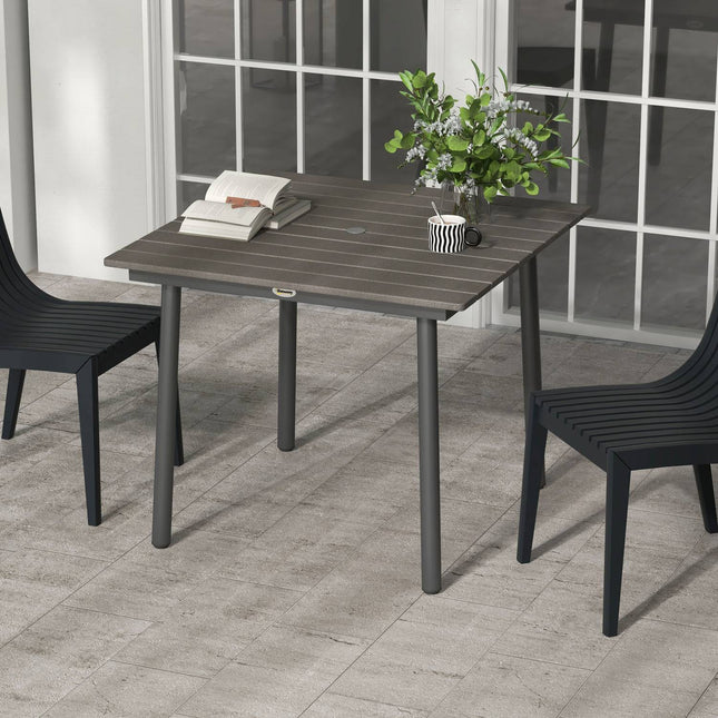 Table De Jardin Table À Manger 4 Personnes Trou Parasol Table De Patio Cadre À Lattes Hdpe Gris Foncé 90X90X75Cm