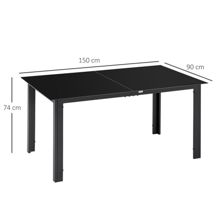 Table De Jardin, Table À Manger De Jardin Pour 6 Personnes, Table De Patio Avec Plateau En Verre, Table De Fête En Aluminium, Table De Balcon, Noir, 150 X 90 X 74 Cm