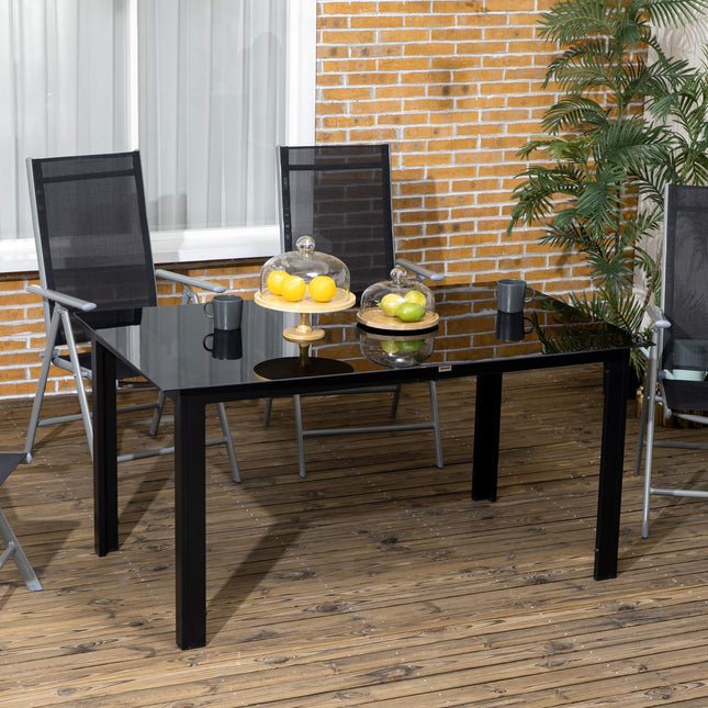 Gartentisch aus Aluminium für 6 Personen, Glasplatte, Schwarz