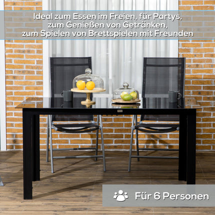 Table De Jardin, Table À Manger De Jardin Pour 6 Personnes, Table De Patio Avec Plateau En Verre, Table De Fête En Aluminium, Table De Balcon, Noir, 150 X 90 X 74 Cm