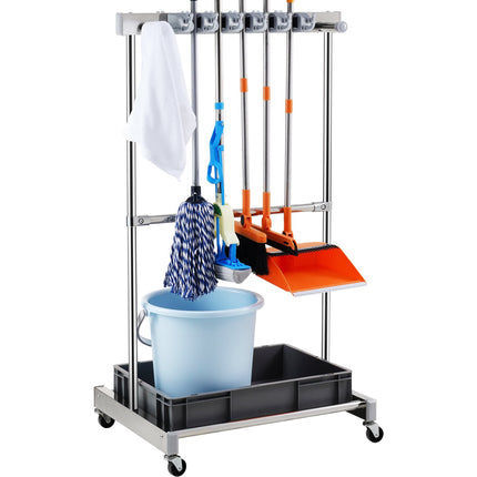 Garden Tool Organizer, 10-Slot Rolling Rack With Hooks