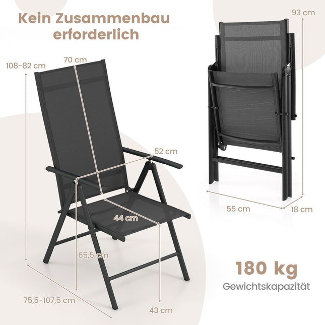 Chaises de jardin avec dossier réglable en 7 directions, chaises pliantes, capacité de charge jusqu'à 180 kg, noir, 1 pièce