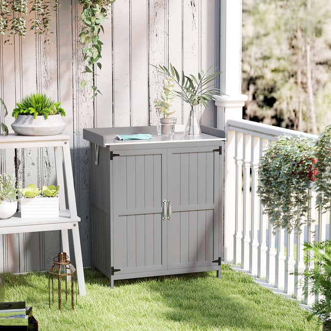 Armoire de jardin en bois, abri de jardin résistant aux intempéries 74x43x88cm, abri de jardin avec étagères de toit rabattables, plan de travail, armoire à outils, abri de jardin, armoire à outils, abri de jardin pour jardin, terrasse, gris |