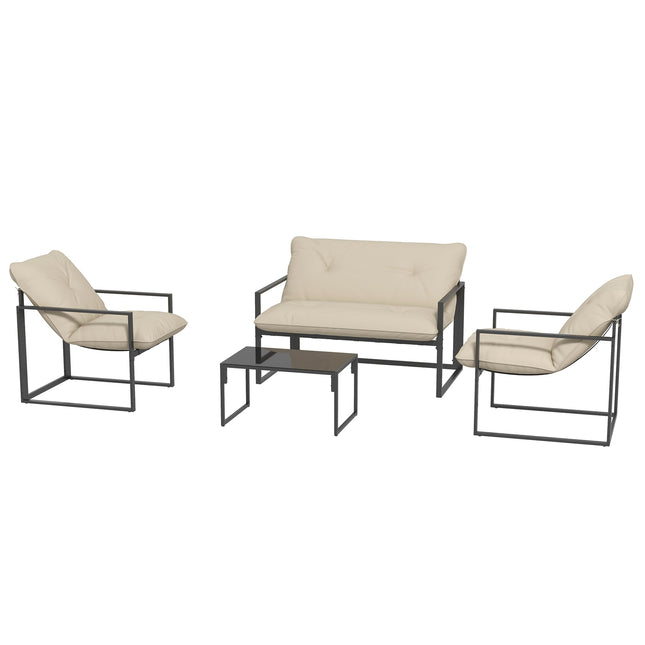 Salon de jardin 4 personnes avec canapé 2 places, 2 fauteuils et 1 table basse 3 coussins pour terrasse jardin - acier noir, polyester gris Aosom