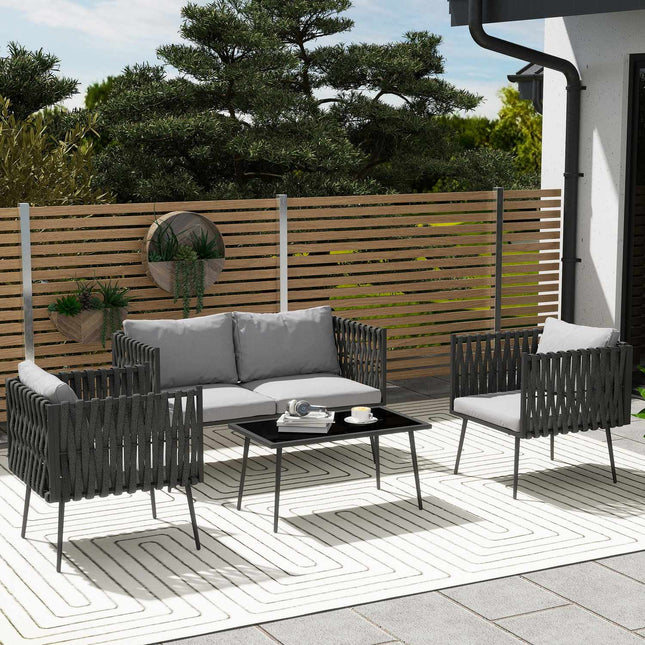 Salon de jardin pour 4 personnes, résistant aux intempéries, ensemble de meubles de balcon avec canapé 2 places, fauteuil, table en verre, coussin d'assise, gris clair