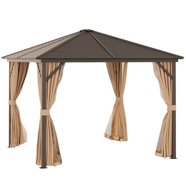 Tente de fête pavillon de jardin 4 x doubles parois latérales crochets de lanterne aluminium + polyester bronze + marron clair env. 3 x 3 x 2,5 m |