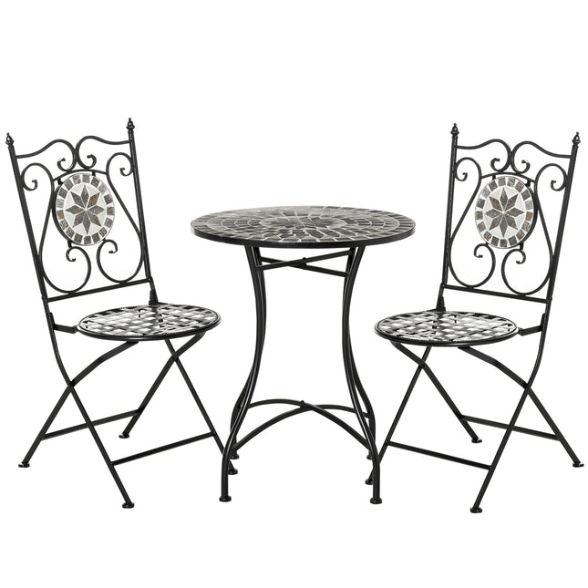 Salon de jardin pour 2 personnes, salon de balcon, table en mosaïque et chaises pliables en métal avec carreaux de céramique multicolores