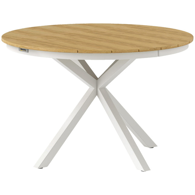 Table de jardin Ø118cm, table de balcon résistante aux intempéries en aluminium, table d'appoint avec pieds croisés, table à manger d'extérieur design à lattes, table de camping, table de terrasse ronde pour balcon de jardin en teck |