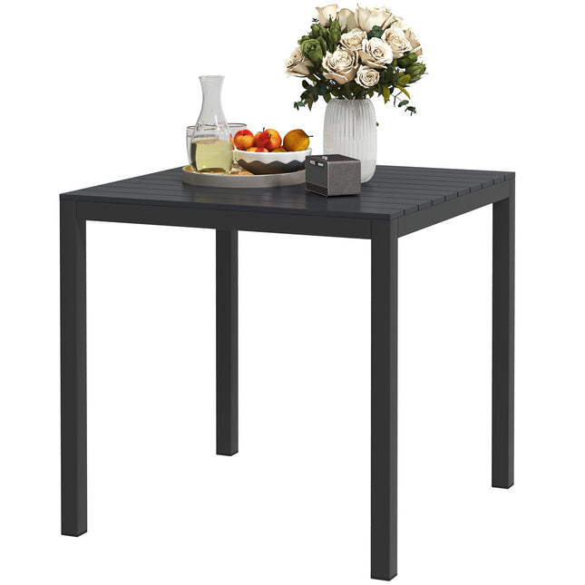Table de jardin en aluminium 73x73 cm table buffet résistante aux intempéries aspect bois, table de camping pour 4 personnes, table de balcon antidérapante, table à manger d'extérieur pour jardin, terrasse, balcon, noir Aosom