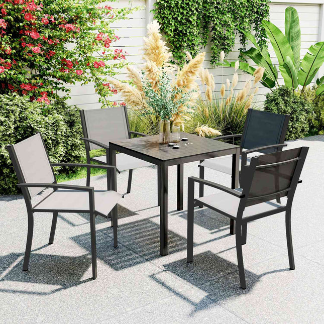 Table de jardin en aluminium 73x73 cm table buffet résistante aux intempéries aspect bois, table de camping pour 4 personnes, table de balcon antidérapante, table à manger d'extérieur pour jardin, terrasse, balcon, noir Aosom