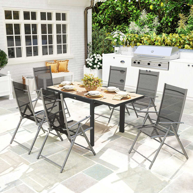 Table de jardin extensible en aluminium 80/160x80 cm, table de balcon résistante aux intempéries, table de buffet antidérapante, table de camping pour 6 personnes, table de patio, table à manger d'extérieur pour jardin, terrasse balcon bois naturel