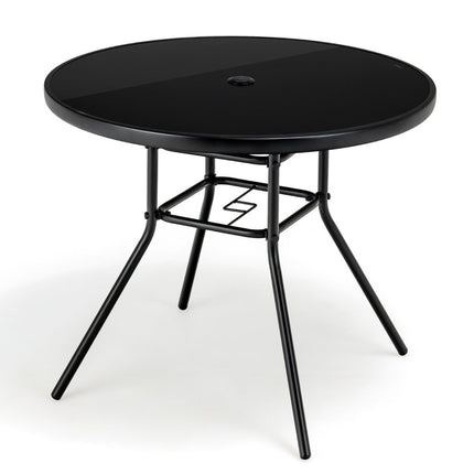 Table de jardin avec plateau en verre trempé, table de terrasse avec trou pour parasol 86 x 86 x 71 cm noir