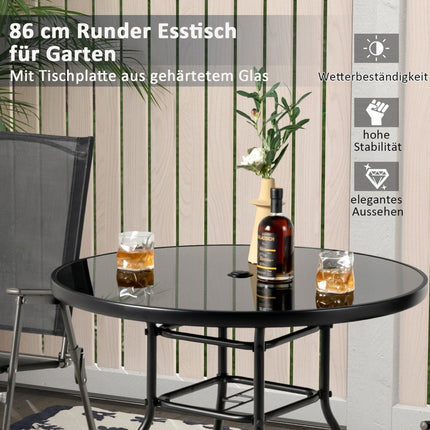 Table de jardin avec plateau en verre trempé, table de terrasse avec trou pour parasol 86 x 86 x 71 cm noir