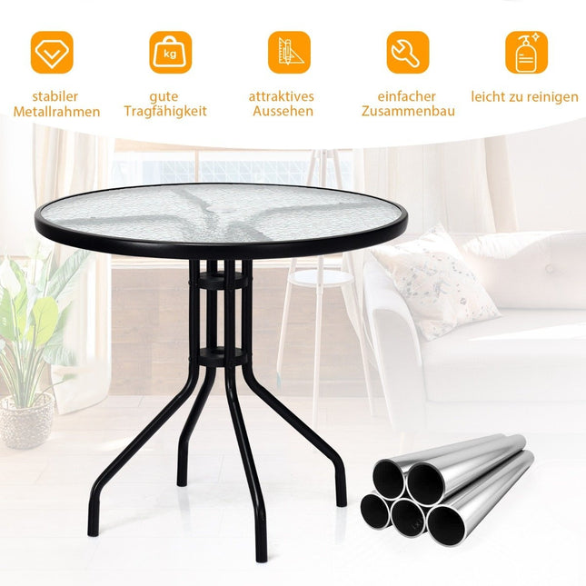 Table de jardin avec plateau en verre trempé, trou pour parasol et table de patio à structure en métal