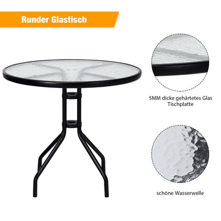 Gartentisch mit Tischplatte aus gehärtetem Glas &amp; Schirmloch &amp; Terrassentisch mit Metallrahmen