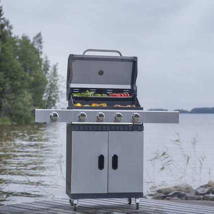Gasgrill mit 4 Brennern und Seitenbrenner, 63x38 cm Grillfläche
