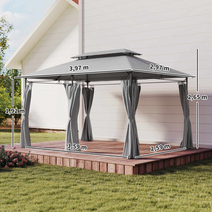 Gazebo 3x4 m avec rideaux, double toit, structure métallique