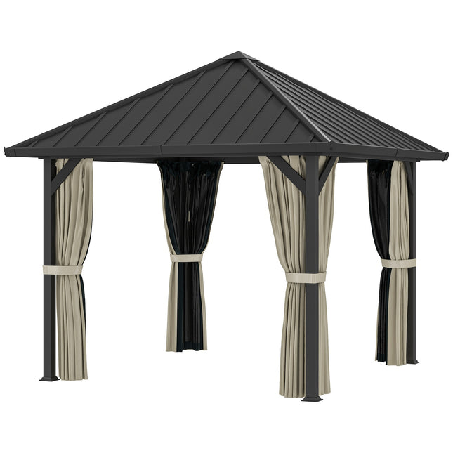 Tonnelle avec toit rigide, environ 3x3 m, imperméable, stable, résistante à l'hiver, pavillon de jardin avec moustiquaire, panneaux latéraux, pavillon de jardin en métal, pavillon pour jardin, terrasse, gris foncé