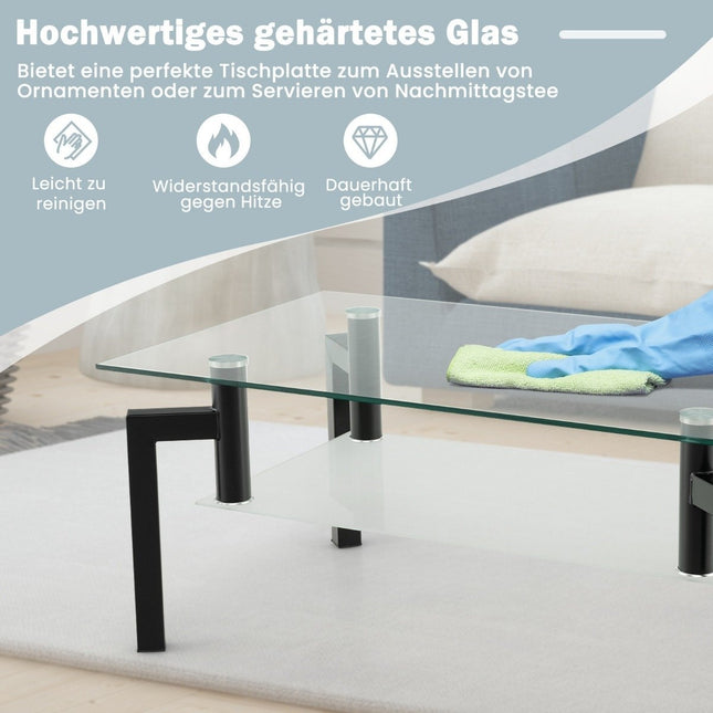 Couchtisch aus Glas – 2-stöckig, gehärtetes Glas, schwarzer Rahmen