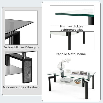 Table basse en verre - 2 niveaux, verre trempé, cadre noir