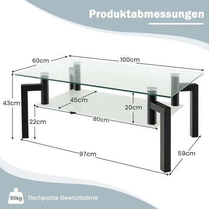 Table basse en verre - 2 niveaux, verre trempé, cadre noir