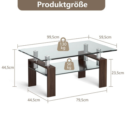 Couchtisch aus Glas mit Ablage, 99,5 x 59,5 x 44,5 cm, Braun
