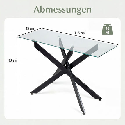 Glaskonsole, Tischplatte aus gehärtetem Glas, Metallbeine