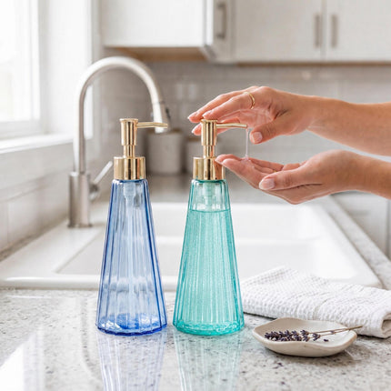 Glass-Seifenspender 2er-Set, 320 ml, goldene Pumpen