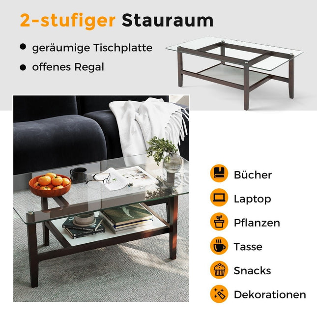 Couchtisch aus Glas 2-stufiger Beistelltisch mit Stauraum 107 cm lang rechteckiger Couchtisch