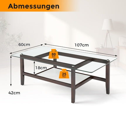 Table basse en verre Table d'appoint à 2 niveaux avec espace de rangement Table basse rectangulaire de 107 cm de long