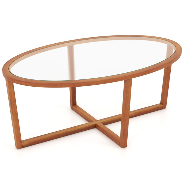 Couchtisch aus Glas mit Kreuzfuß &amp; Beinen aus Akazienholz Moderner Glastisch Beistelltisch