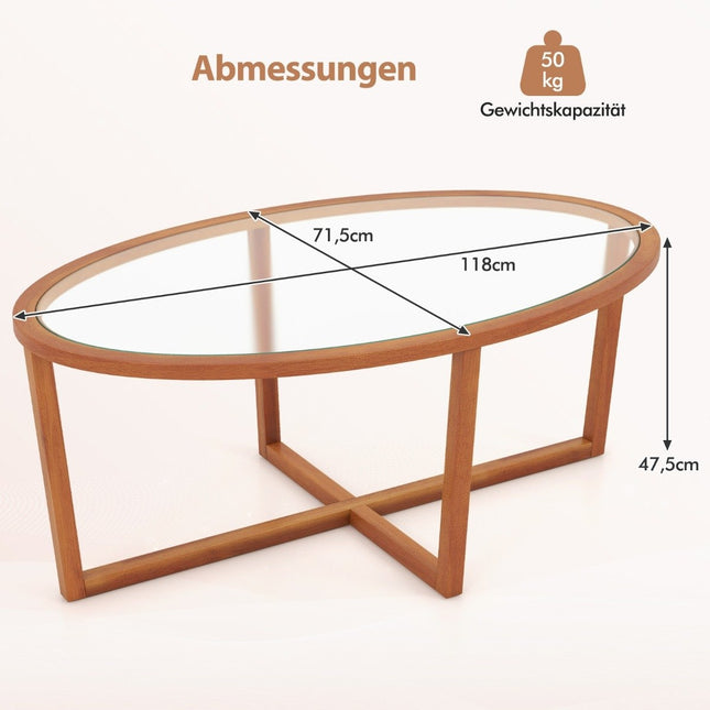 Couchtisch aus Glas mit Kreuzfuß &amp; Beinen aus Akazienholz Moderner Glastisch Beistelltisch