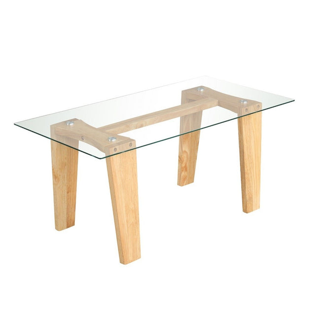 Couchtisch aus Glas mit Beinen aus Gummibaumholz Rechteckiger Beistelltisch Glastisch Couchtisch