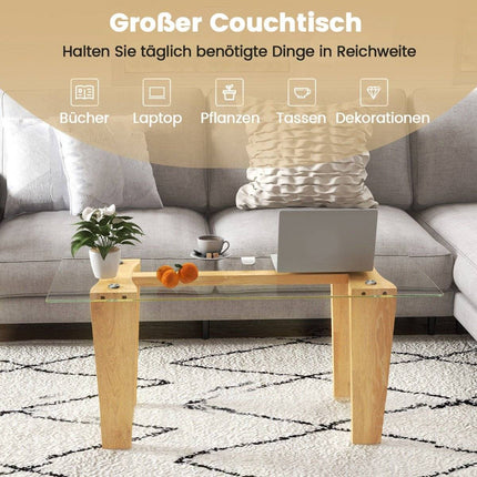 Table basse en verre avec pieds en bois d'hévéa Table d'appoint rectangulaire Table en verre Table basse
