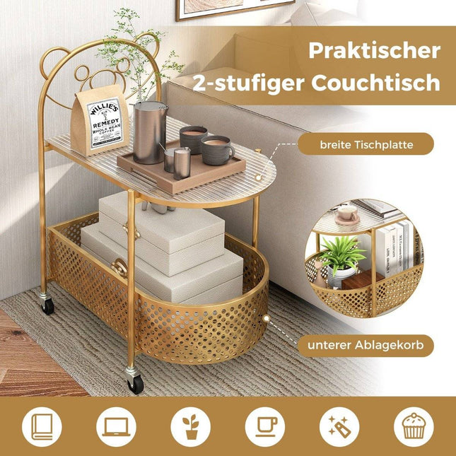 Glas-Beistelltisch mit Rollen 2-stufiger Glastisch mit Bärenmuster 60 x 40 x 76 cm Golden