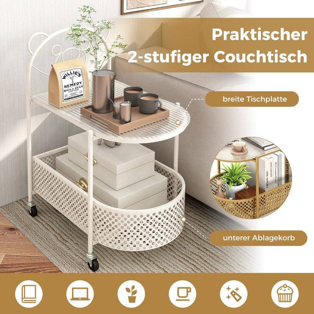 Glas-Beistelltisch mit Rollen 2-stufiger Glastisch mit Bärenmuster 60 x 40 x 76 cm weiß
