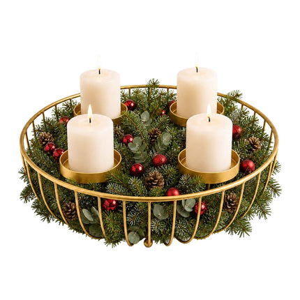 Adventskranzschale aus goldfarbenem Metall, 33 cm Stahlhalter