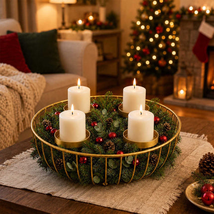 Adventskranzschale aus goldfarbenem Metall, 33 cm Stahlhalter
