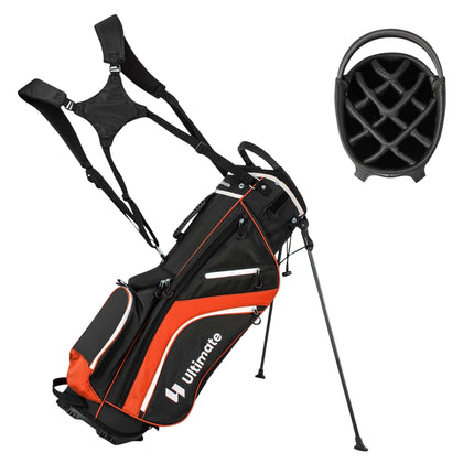 Sac de golf rouge avec 14 compartiments, 6 poches et housse de pluie.