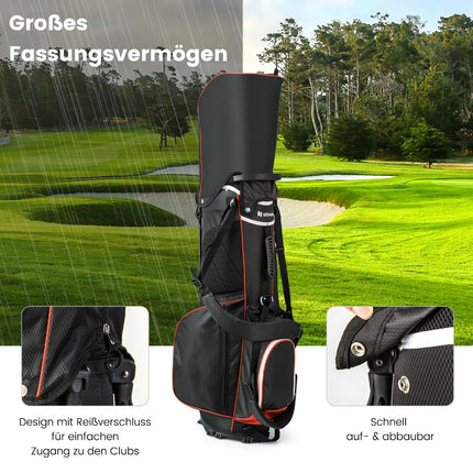 Sac de golf rouge avec 14 compartiments, 6 poches et housse de pluie.